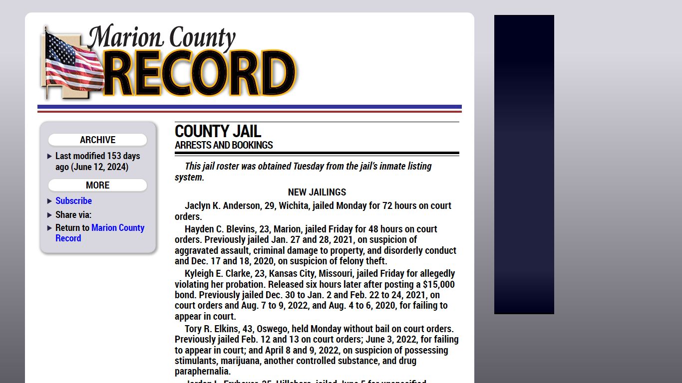 County jail arrests and bookings | Marion County Record | June 12, 2024 ()